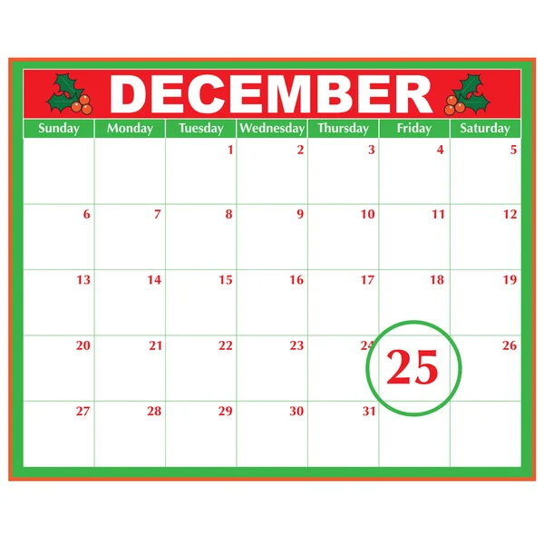 Un calendario de diciembre que muestra el 25 prominentemente — Vector de stock