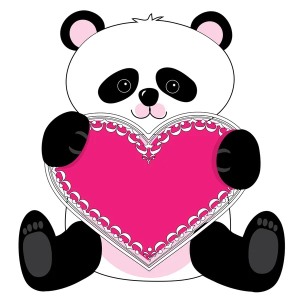 Lindo panda sosteniendo corazón — Vector de stock