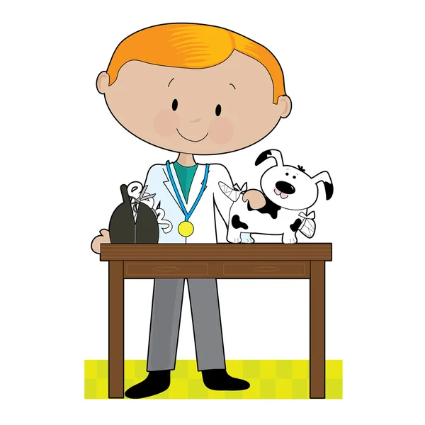 Hombre veterinario trata perro . — Vector de stock