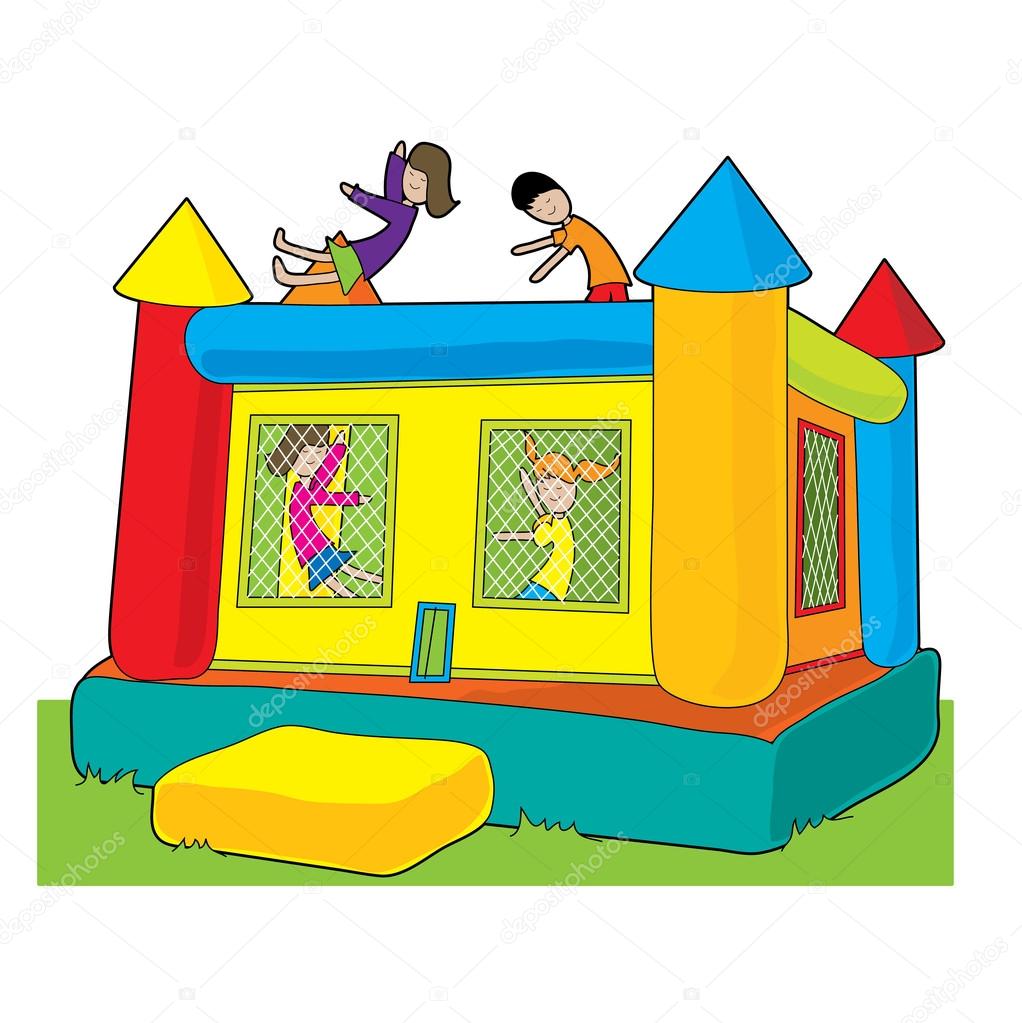 A colorful bounce castle set outdoors