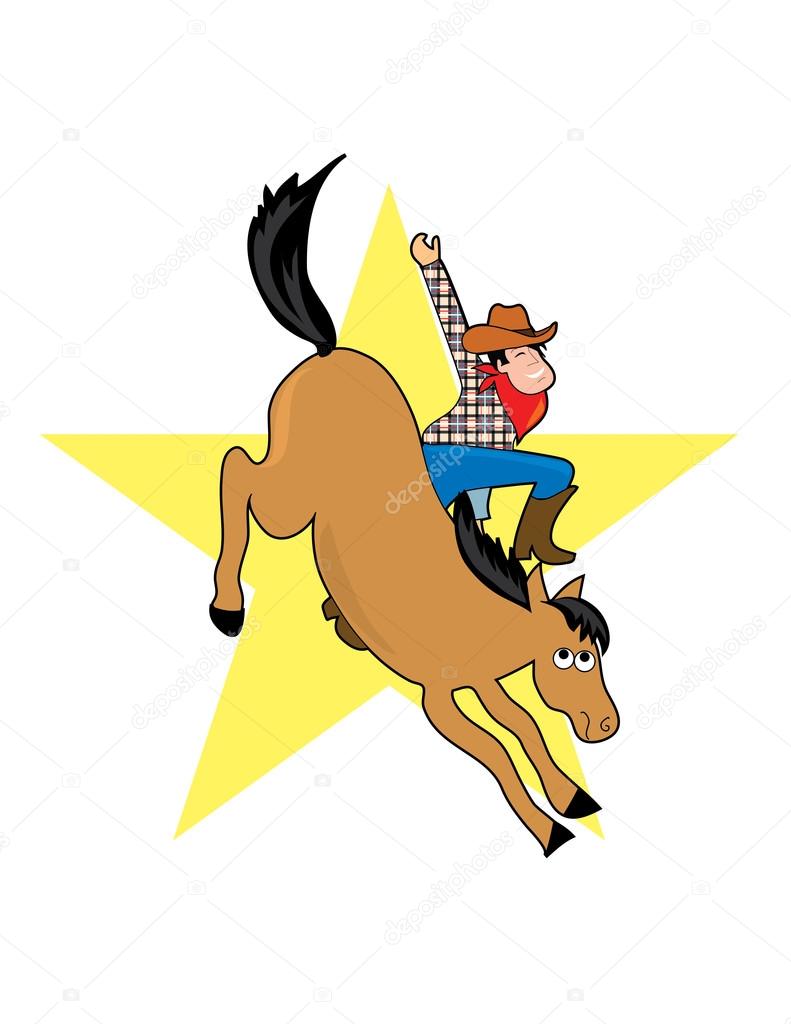 A cowboy rides a bucking bronco.