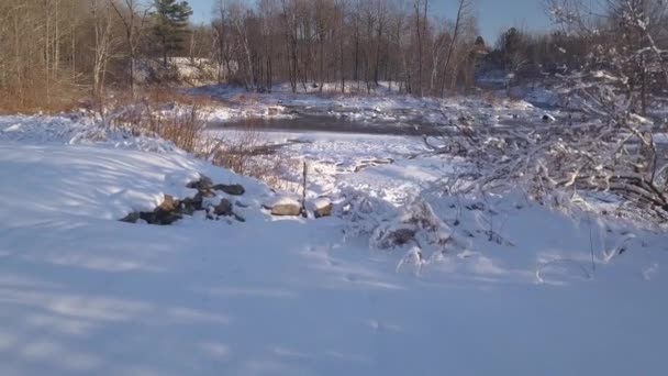 Flying foward over the snow and going over the frozen river with covered snow rocks — Stock Video