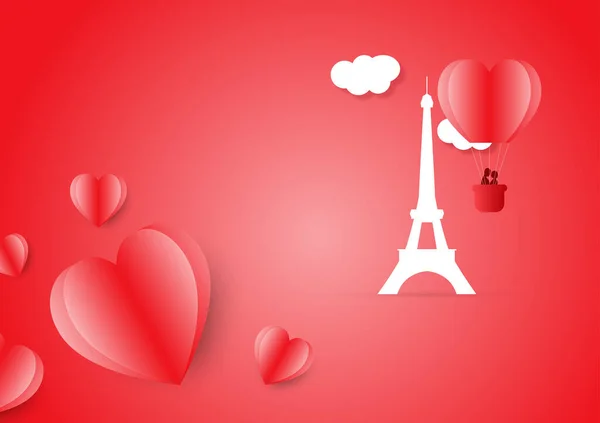 情人节快乐 Happy Valentine Day 情侣情人在心形热气球 雪佛塔和云彩上的图解 — 图库矢量图片
