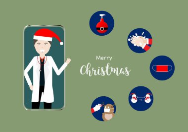 Mutlu noeller. Çevrimiçi doktor ve yeni normal konsept. İnternette Noel Baba şapkası takan bir doktorun resmi. Yüz maskesi, el yıkama, alkol jeli, sosyal mesafeler ve sıcaklık kontrolü..