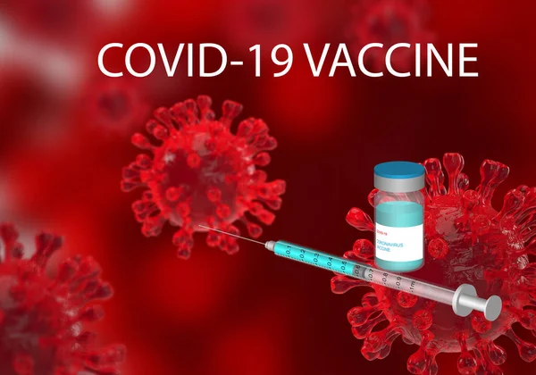 Ilustración Vacuna Contra Coronavirus Jeringa Con Aguja Antecedentes Visualización Microscópica —  Fotos de Stock