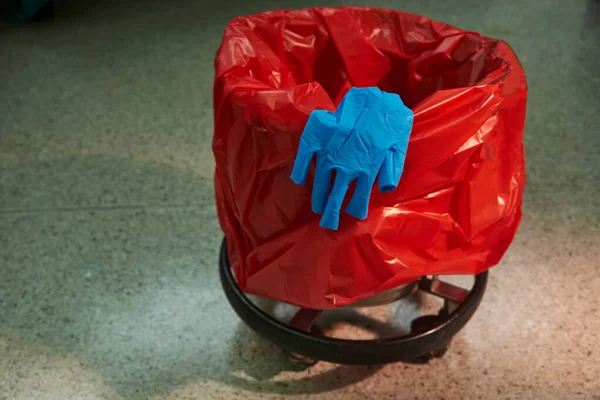 Used Blue Surgical Glove Red Garbage Bin Operating Room — Stockfoto