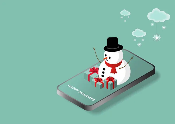 Online Shopping Vektor Illustration Von Mobiltelefonen Weihnachtsgeschenken Schneeflocken Und Schneemann — Stockvektor