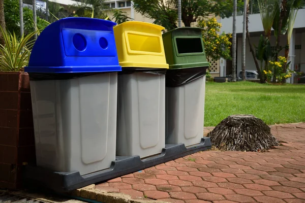 Garbage Bins Separated Colors Foe Recycling Glass General Waste Placed — Stock Photo, Image