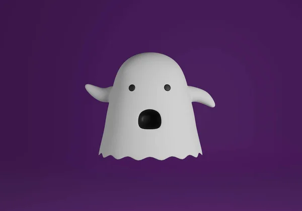 Fantasma Lindo Halloween Flotando Sobre Fondo Púrpura Renderizado — Foto de Stock