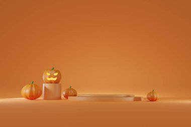 Ürün gösterimi için 3 boyutlu Cadılar Bayramı kabakları ve podyum arkaplanı hazırlama.