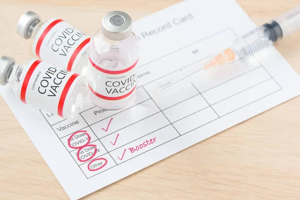 Cartão Registo Vacinação Com Dose Reforço Vacina Covid Vacinação Contra — Fotografia de Stock