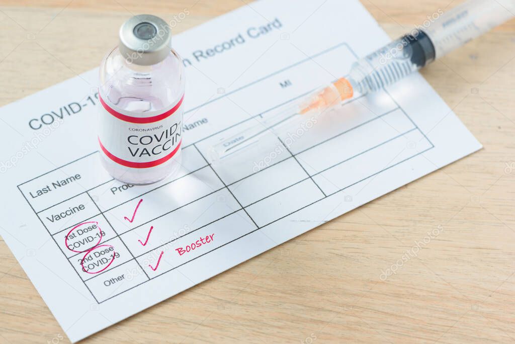 Vaccination record card of booster dose or third injection of covid-19 vaccination for high immunity against delta variant.