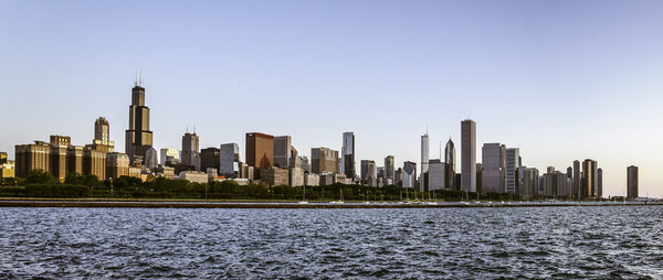 Panorama of Chicago Skyline with Clear Sky.