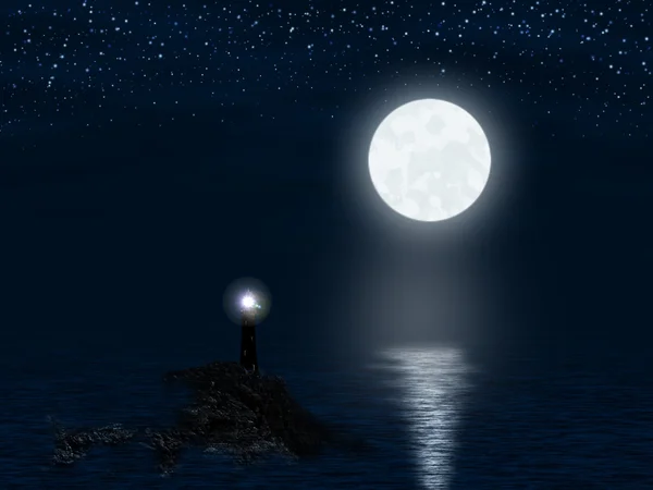 Deniz feneri ve dolunay — Stok fotoğraf