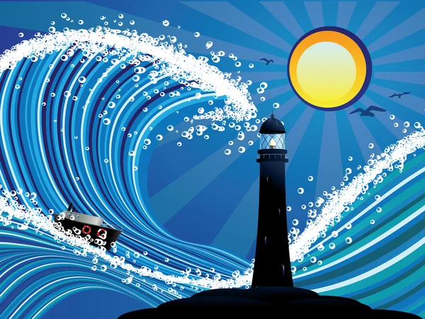 Phare et bateau dans la mer — Image vectorielle