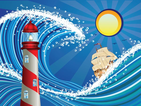 Phare et bateau dans la mer — Image vectorielle