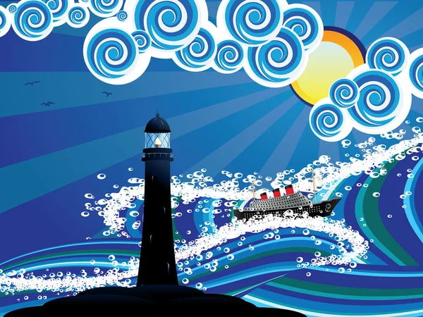 Phare et bateau dans la mer — Image vectorielle