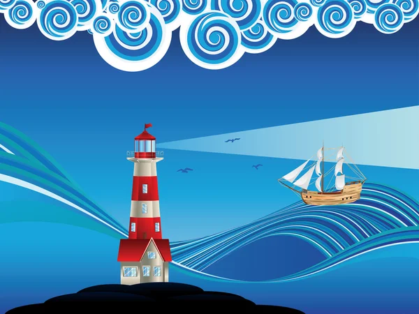 Lighthouse and Boat in the Sea — Stock Vector