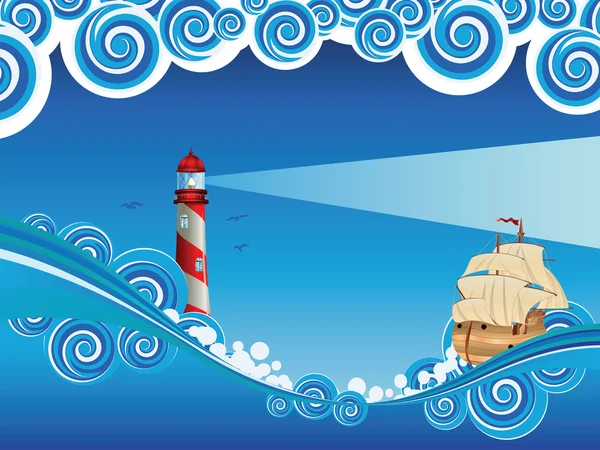 Lighthouse and Boat in the Sea — Stock Vector