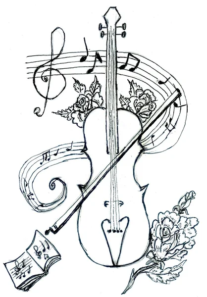 小提琴与笔记素描 — 图库照片