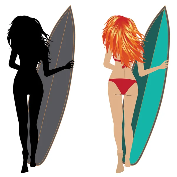 Back View of a Surfer Girl — Stock Vector