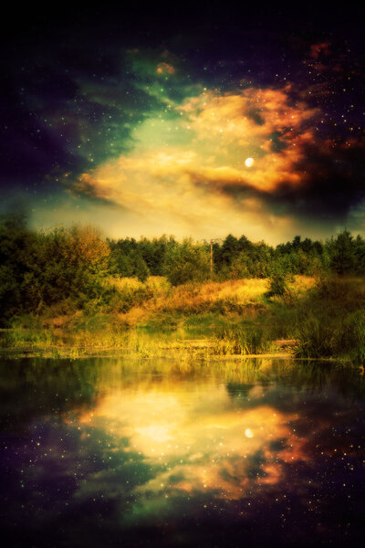 Night sky over the forest and the river, surreal landscape.