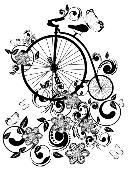 Bicicleta velha e ornamento floral — Vetor de Stock