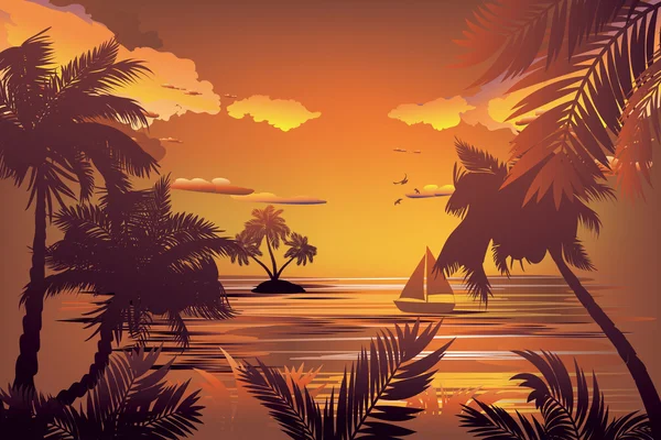 Isla tropical al atardecer — Vector de stock