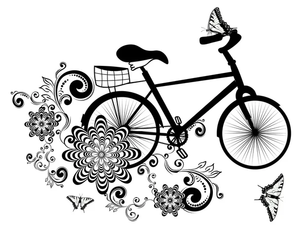 Bicicleta y ornamento floral — Vector de stock