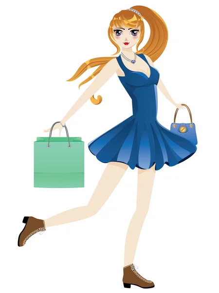 Compras chica con bolsas — Vector de stock