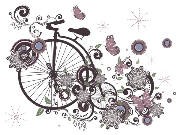 Old Bicycle and Floral Ornament — Stock Vector