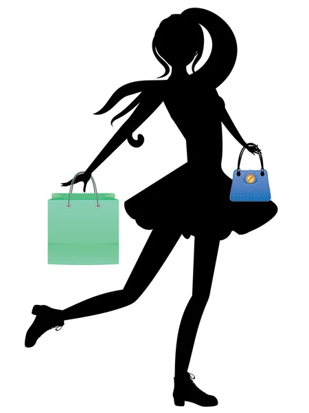 Compras chica con bolsos silueta — Vector de stock