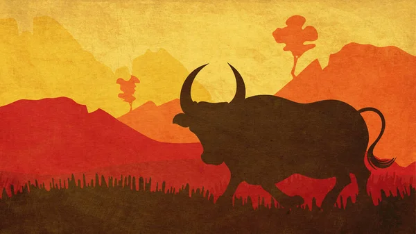 Illustration of landscape and bull silhouette at sunset time with paper texture.