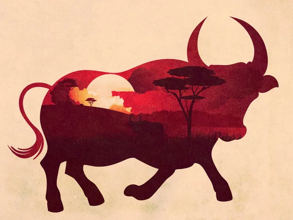Illustration of sunset landscape inside of a bull silhouette design with paper texture.