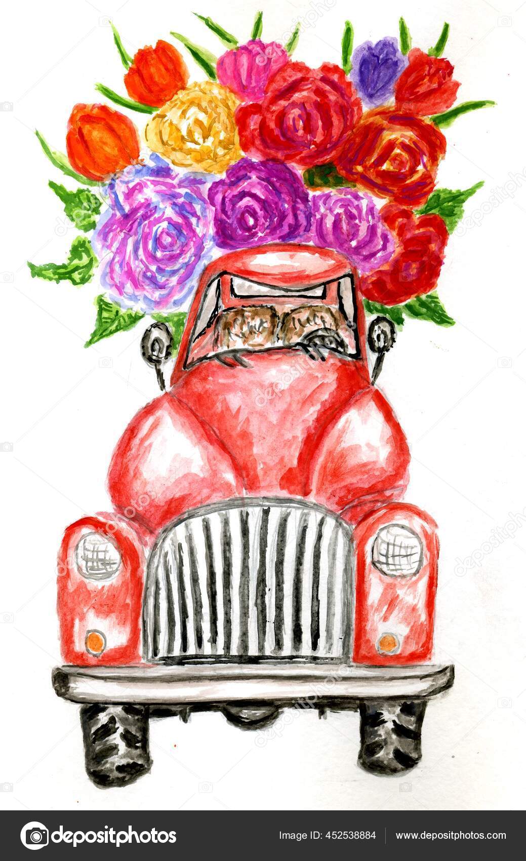 Kartun Retro Merah Pickup Truk Dengan Bunga Besar Tangan Digambar
