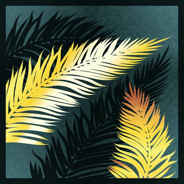 Decorative retro design with golden palm leaves textured illustration.