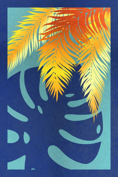 Decorative retro design with golden palm leaves textured illustration.