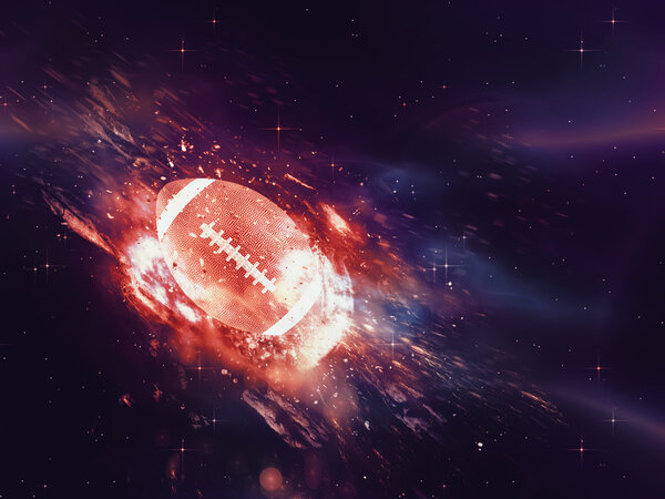 Purple space background with rugby ball, explosion effect.