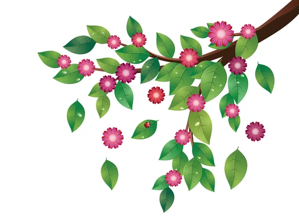 Roze bloemen en groene bladeren Branch — Stockvector