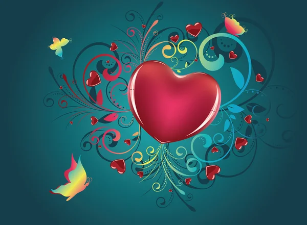 Coeur avec Floral et Papillons — Image vectorielle
