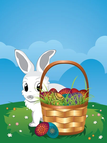 Easter Bunny with Eggs in the Basket — Stock Vector