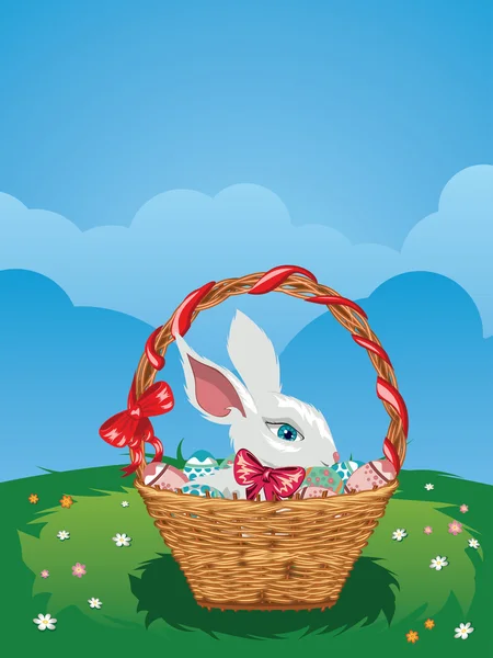 Easter Bunny with Eggs in the Basket — Stock Vector