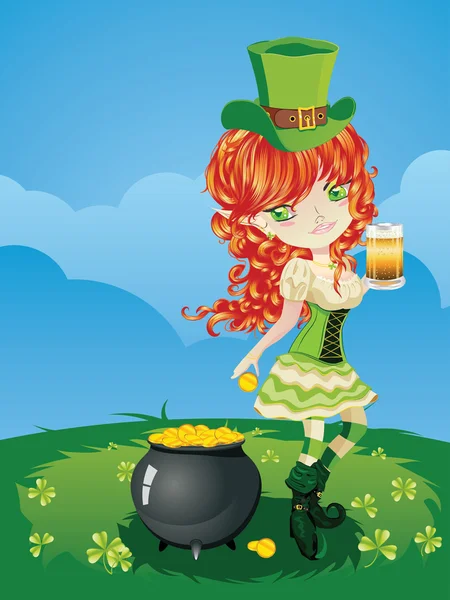 Leprechaun Girl on Grass Field — Stock Vector