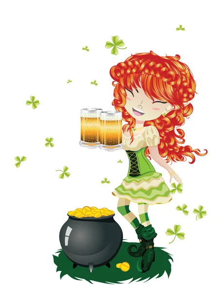 Ragazza leprecauno con birra — Vettoriale Stock