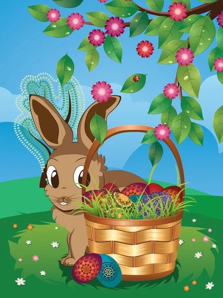 Easter Bunny with Eggs in the Basket — Stock Vector