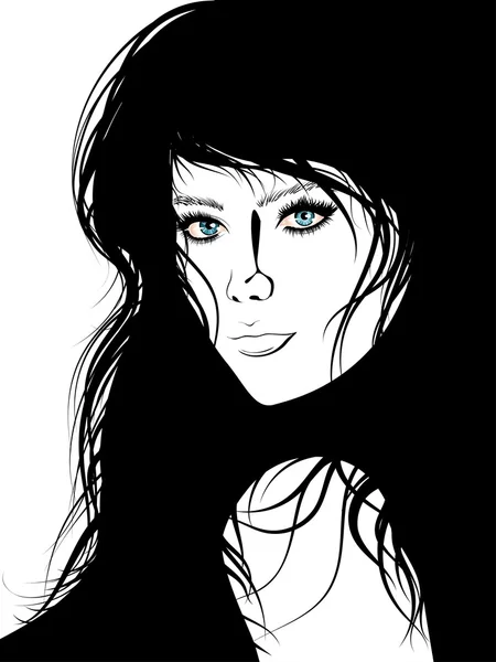 Chica con pelo negro Lineart — Vector de stock