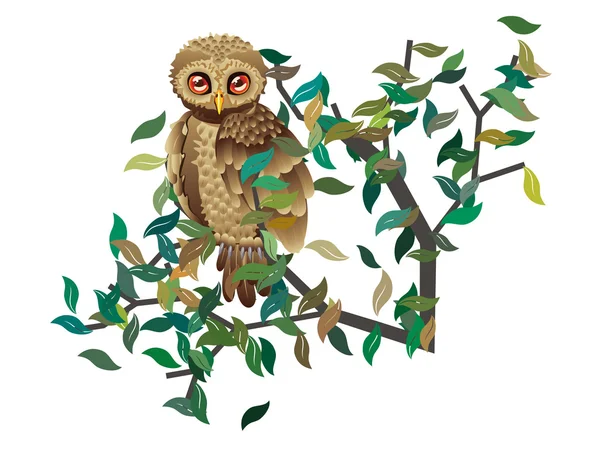 Owl on Branch with Leaves — Stock Vector