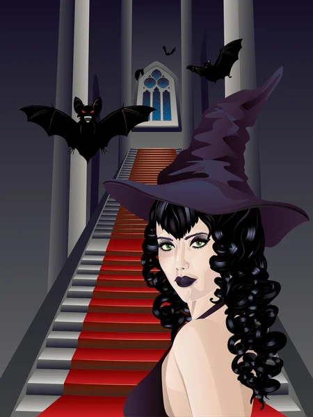 哥特式的楼梯和女巫 — 图库矢量图片