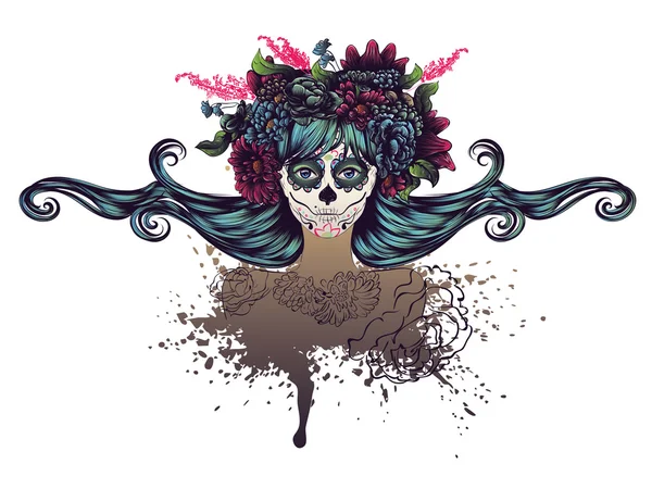 Crâne de sucre fille en couronne de fleurs — Image vectorielle