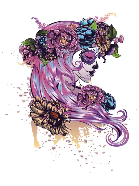 Sugar Skull Girl in Flower Crown — Stock Vector